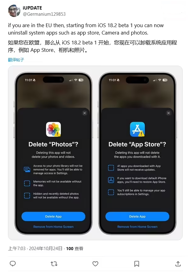 西林苹果手机维修分享iOS 18.2 支持删除 App Store 应用商店 